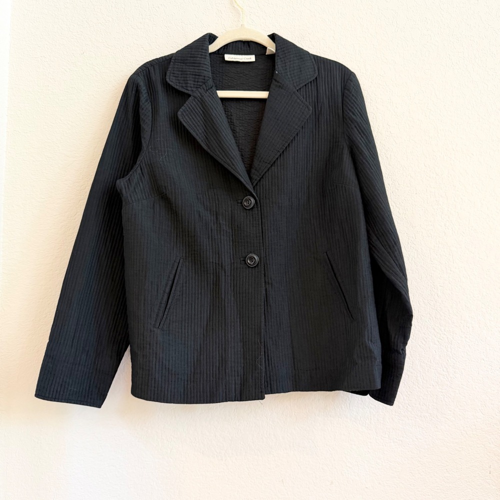 Coldwater Creek Black Cotton Silk Quilted Blazer Jacket Womens 14 Back Tie Coat